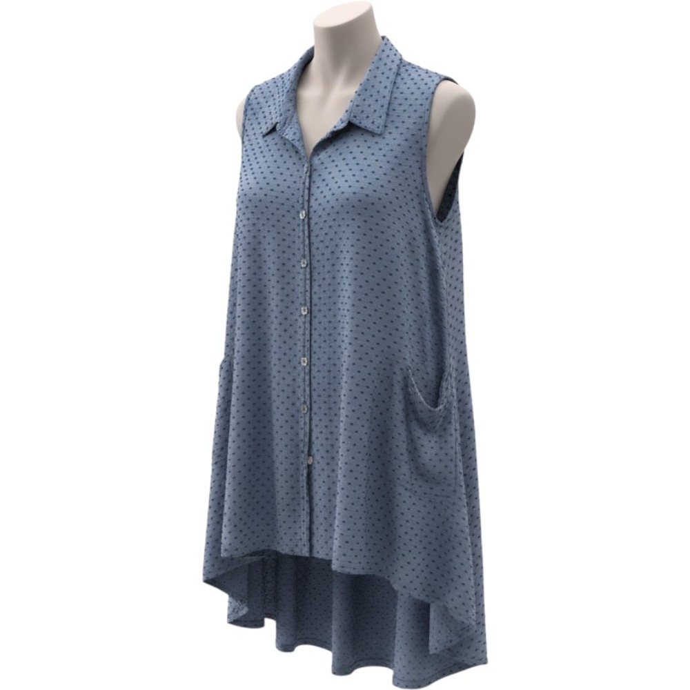 Ivy Jane Top Sleeveless Tunic Womens XL Blue Swiss Dot Button Front Lagenlook